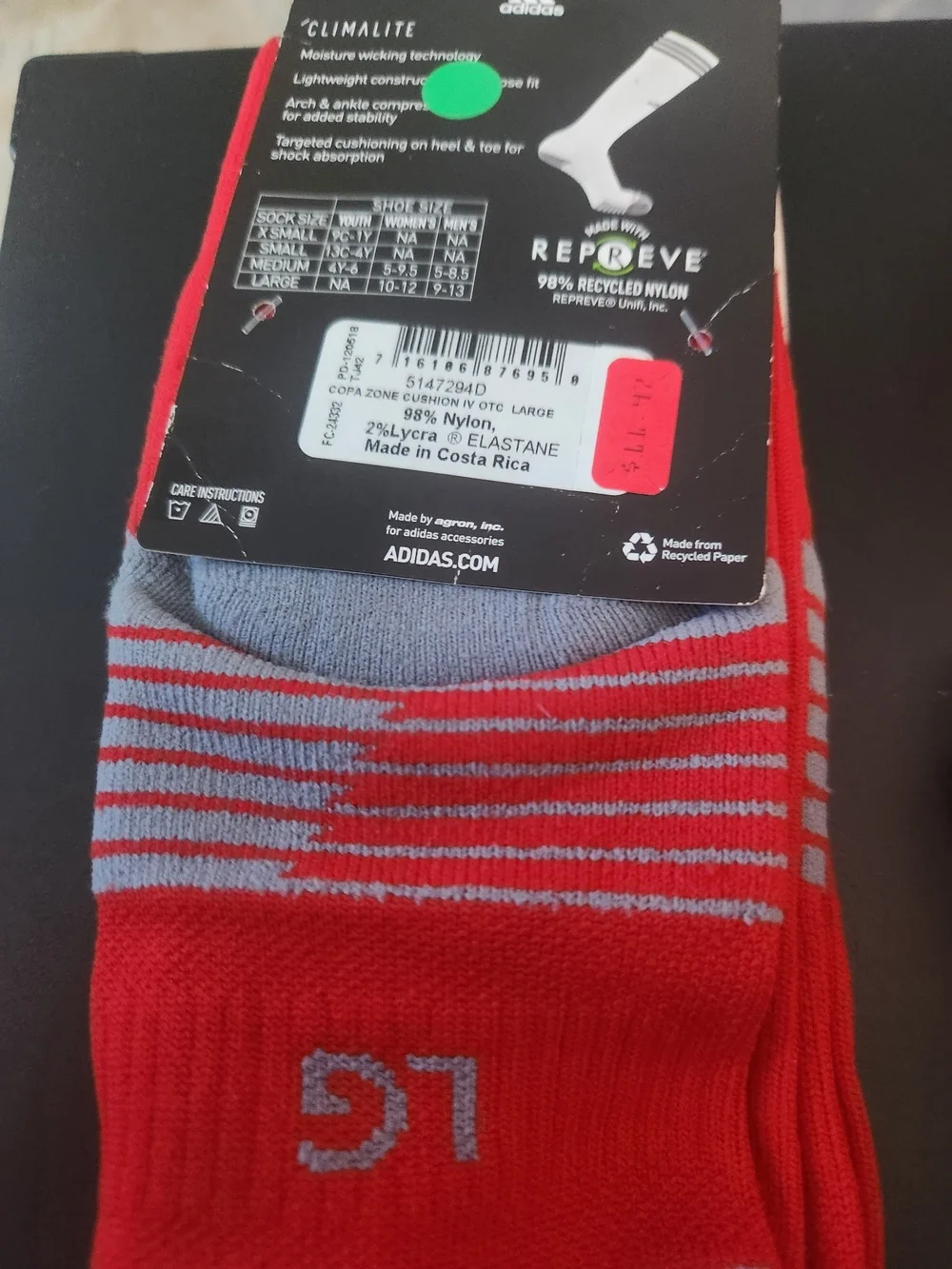ADIDAS Red  Soccer Copa Zone Cushion Socks Size L NEW! White Logo